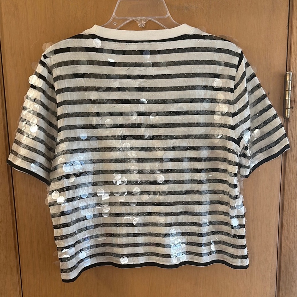 J.Crew Women’s Broken In Jersey Striped Sequin Tee Top Black White Size Small - Picture 8 of 8